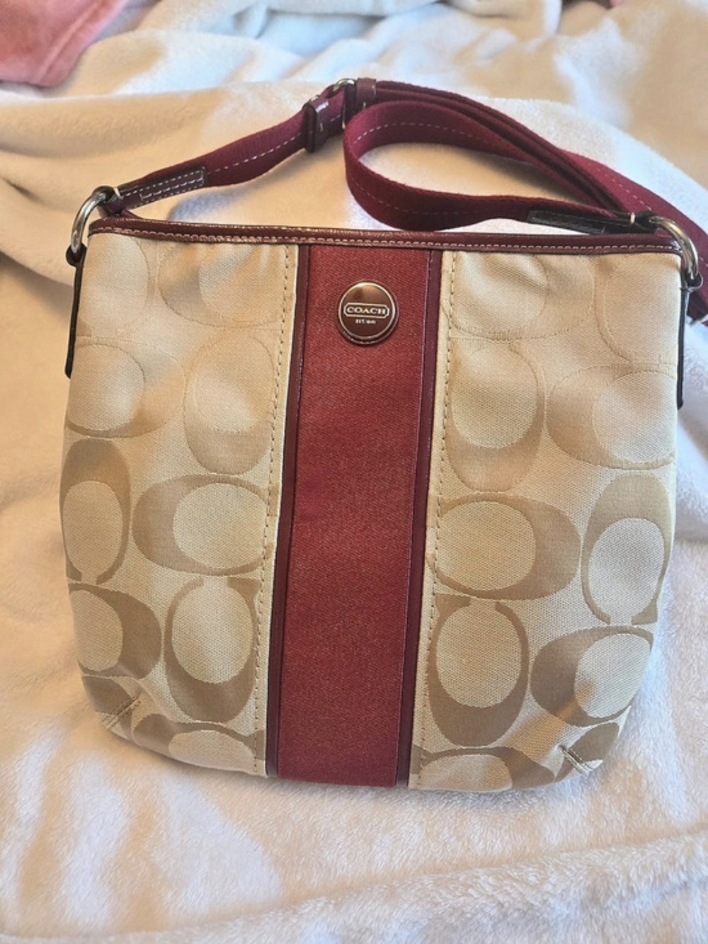 NWOT Coach Burgundy & Signature Logo 12×11 Crossbody Handbag W/ Adjustable Strap